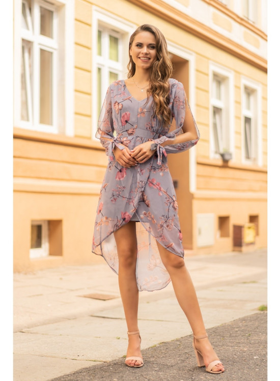 Асиметрична сива рокля на цветя Cadineria-Миди рокли-LadyStyle.bg Асиметрична сива рокля на цветя Cadineria-Миди рокли-LadyStyle.bg