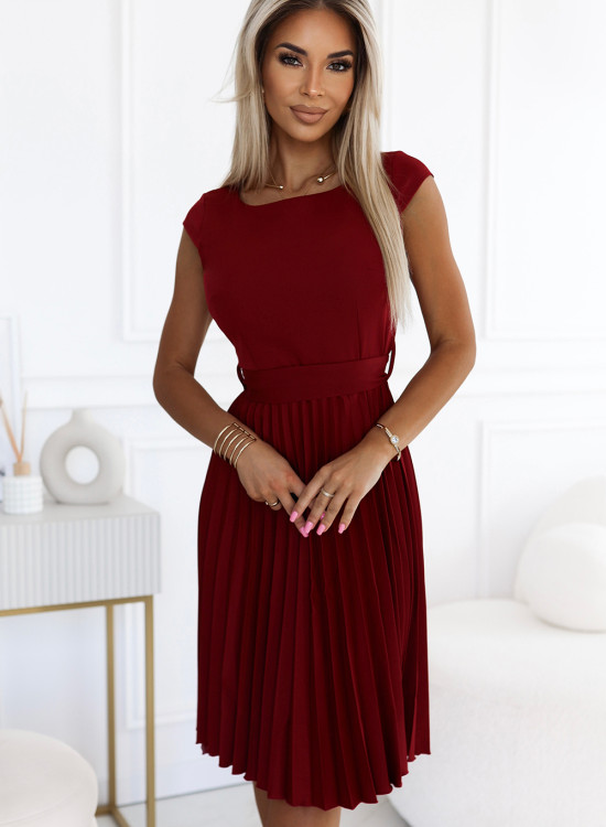 Елегантна миди рокля с къс ръкав в бордо 311-15