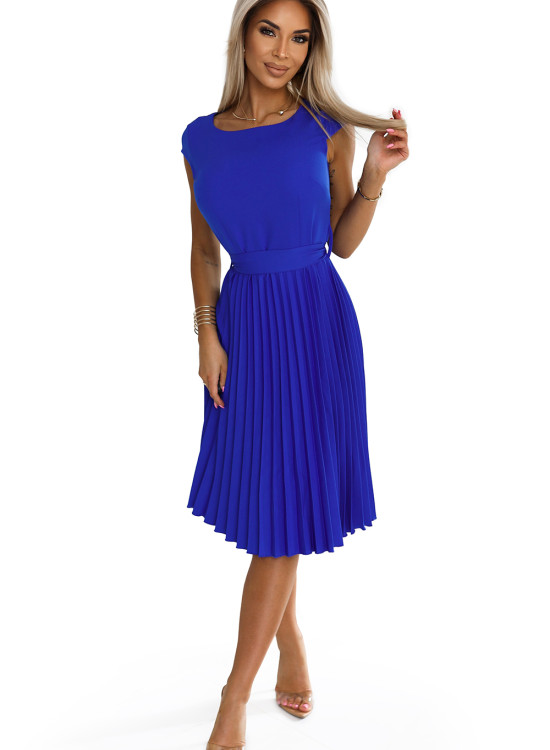 Елегантна миди рокля с къс ръкав в турско синьо 311-16