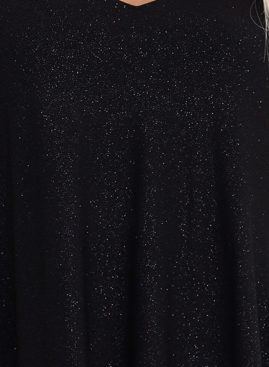 Трапецовидна черна рокля с брокат и ръкави тип пеперуда 597-1