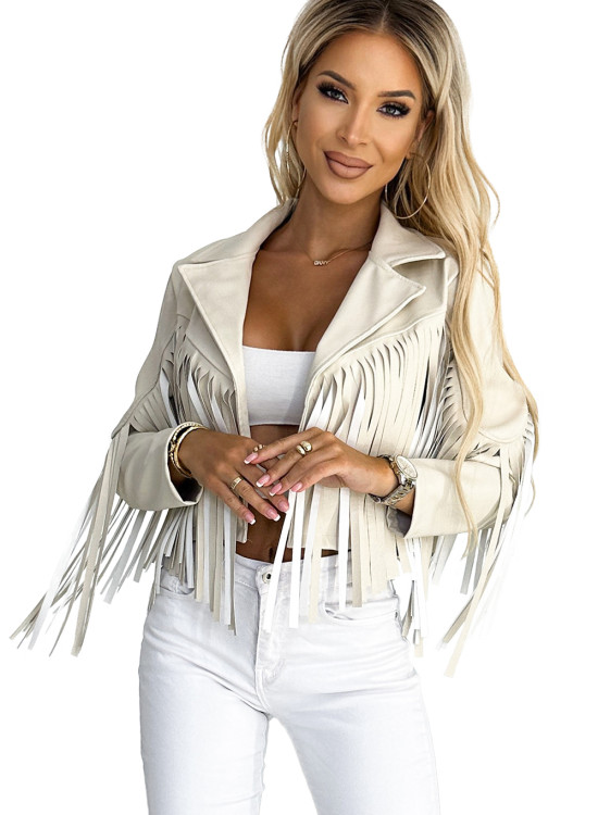 624-1 Ефектно яке с ресни в бежово