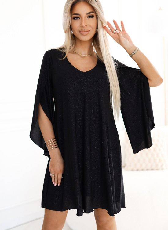 597-1 Елегантна черна рокля с ръкави тип пеперуда