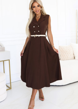 596-4 Елегантна миди рокля в кафяв цвят