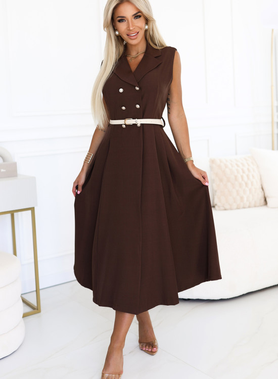 596-4 Елегантна миди рокля в кафяв цвят