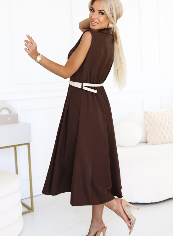 596-4 Елегантна миди рокля в кафяв цвят