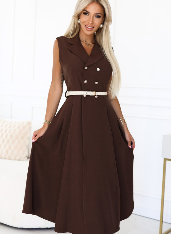 596-4 Елегантна миди рокля в кафяв цвят