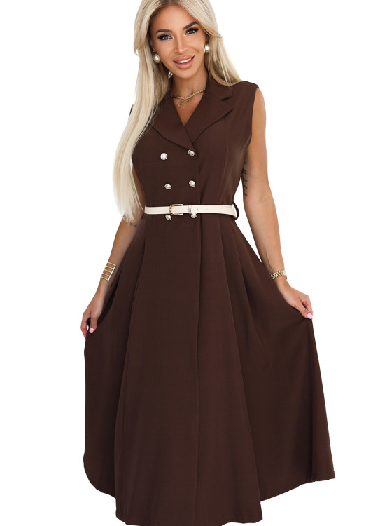 596-4 Елегантна миди рокля в кафяв цвят