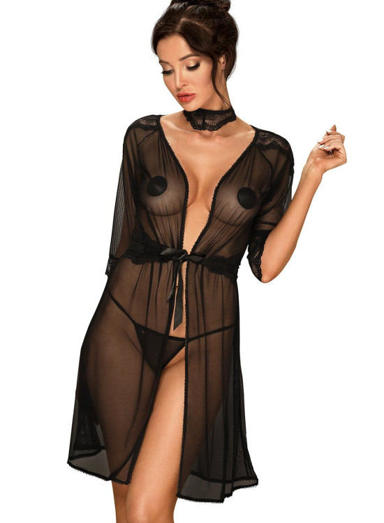 Халат Peniuar-Lucita-koronkowy-pasek-choker-GRATIS-Czarny