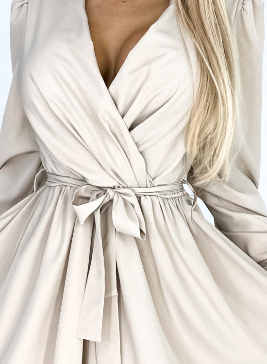 Елегантна рокля с дълъг ръкав в бежово 339-4