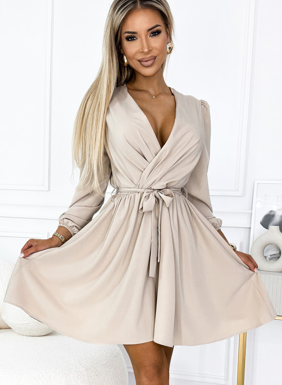 Елегантна рокля с дълъг ръкав в бежово 339-4