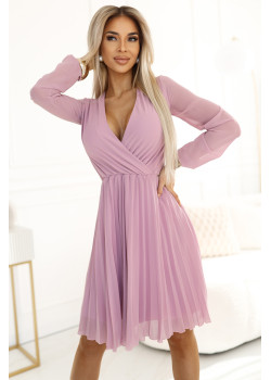 Плисирана рокля с дълъг ръкав в цвят пудра 313-16