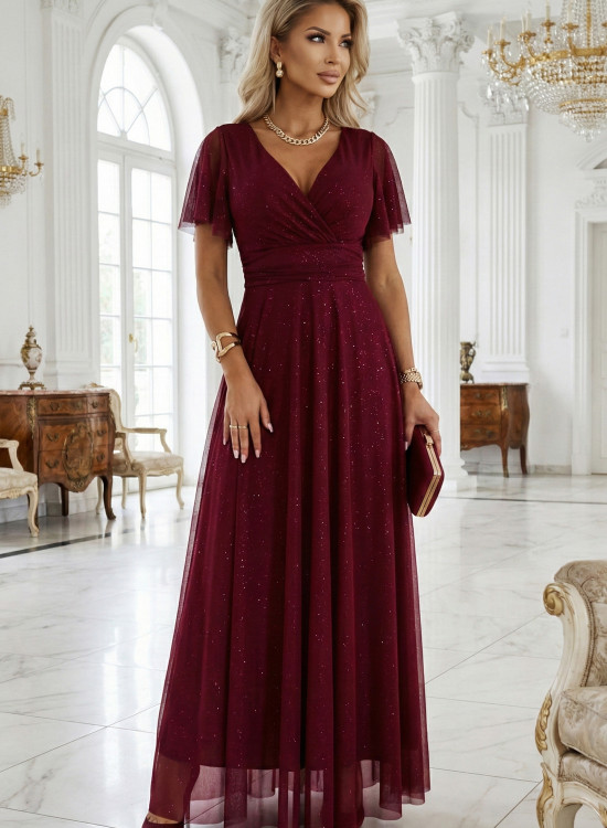 Дълга рокля с брокат в цвят бордо 635-5