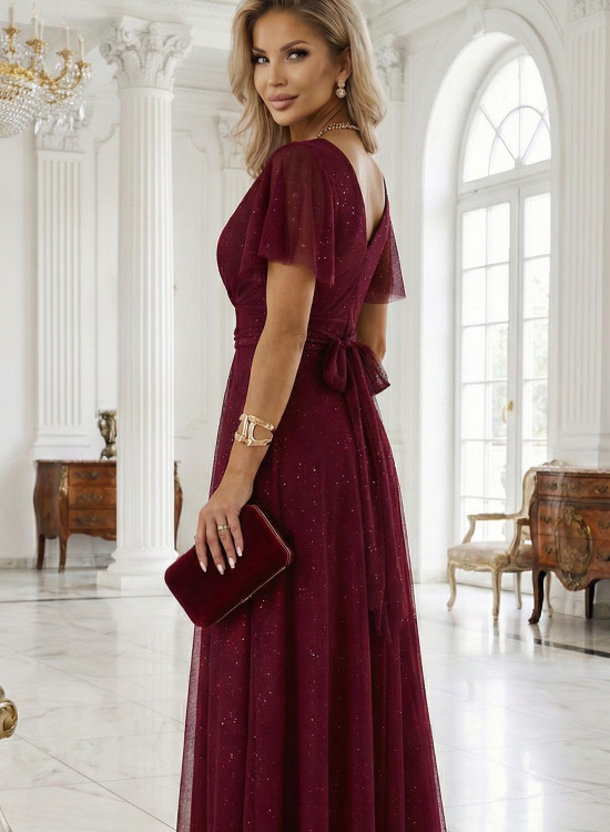 Дълга рокля с брокат в цвят бордо 635-5
