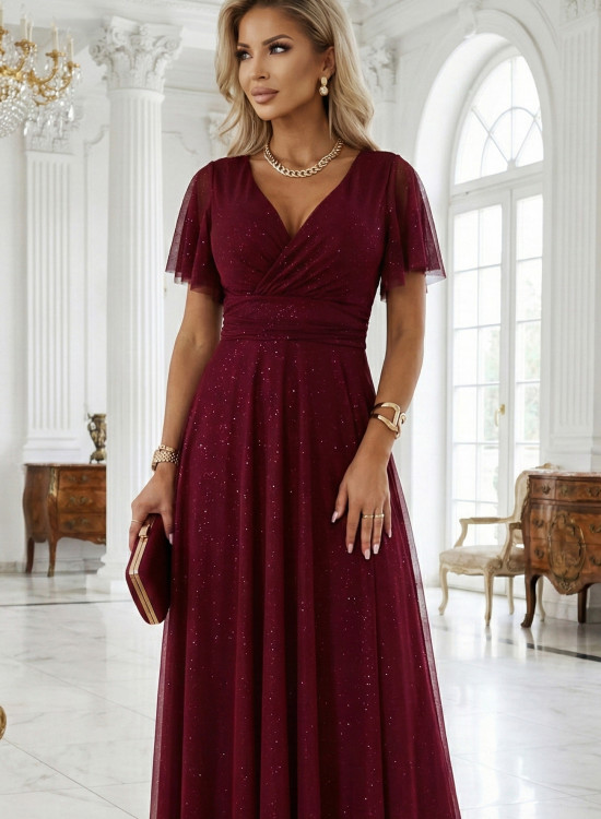 Дълга рокля с брокат в цвят бордо 635-5