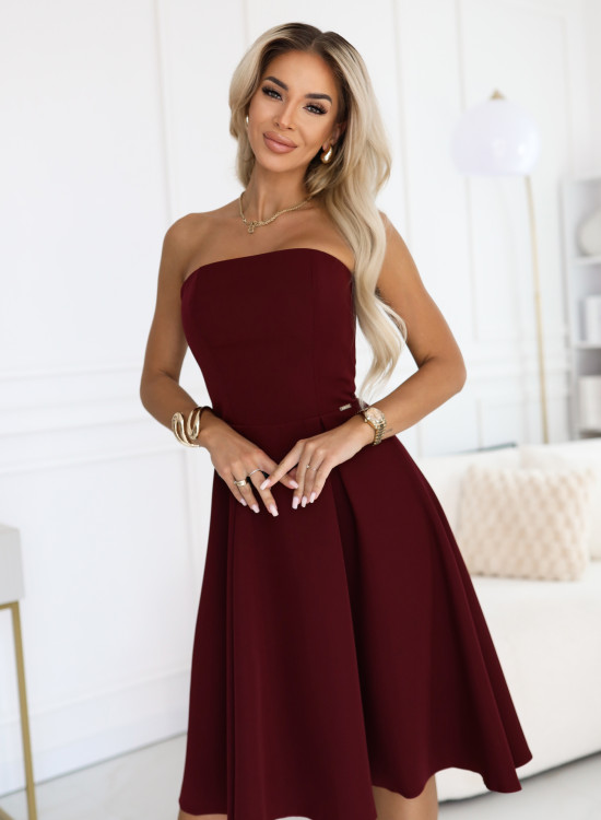 Елегантна рокля без презрамки в цвят бордо 641-1