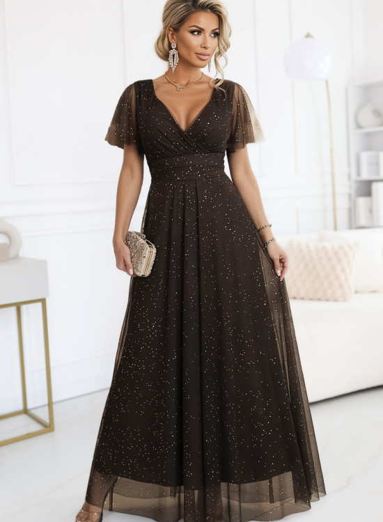 Дълга рокля с брокат в кафяв цвят 635-4