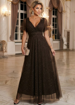 Дълга рокля с брокат в кафяв цвят 635-4