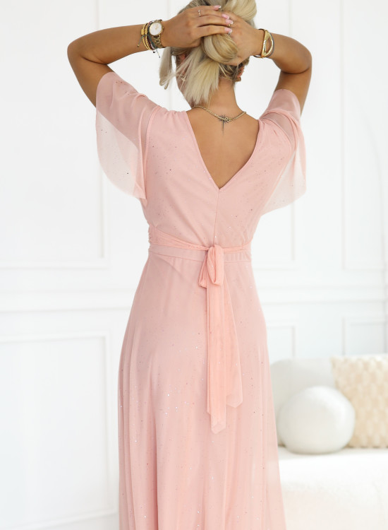 Дълга рокля с брокат в цвят праскова 635-7