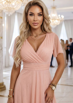 Дълга рокля с брокат в цвят праскова 635-7