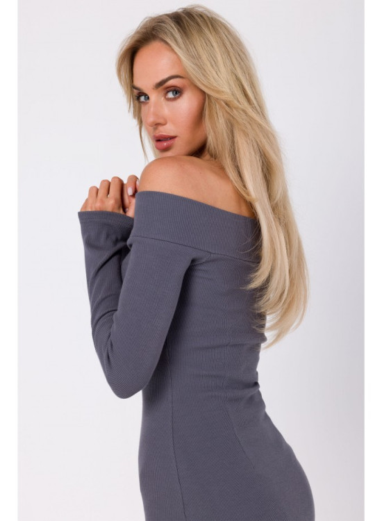 Рипсена рокля в сив цвят M757-Миди рокли-LadyStyle.bg Рипсена рокля в сив цвят M757-Миди рокли-LadyStyle.bg