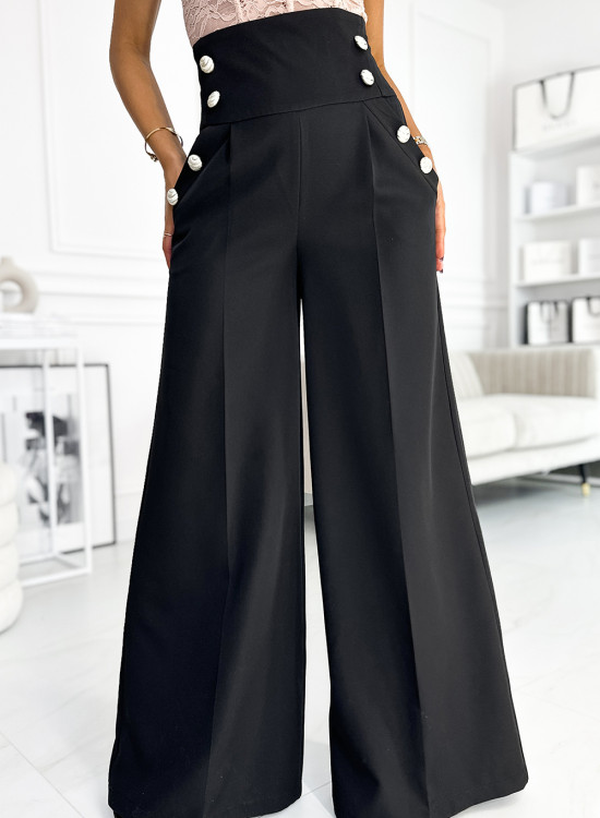 Елегантен широк панталон в черен цвят 496-1-Панталони-LadyStyle.bg