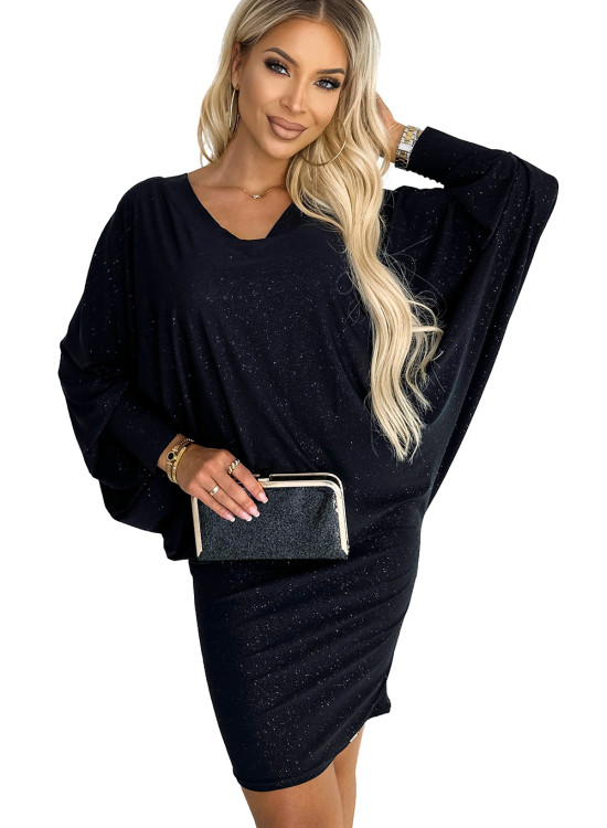 Широка рокля с дълги ръкави в черно 402-5-Къси рокли-LadyStyle.bg