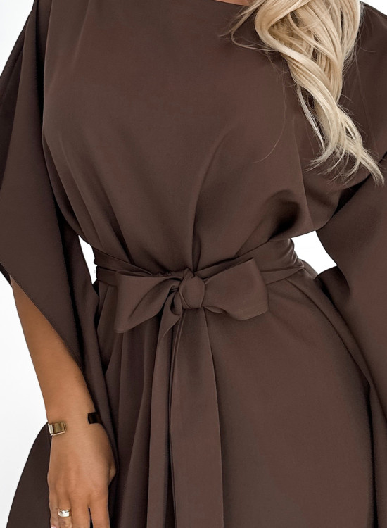 Широка рокля в кафяв цвят 287-33-Къси рокли-LadyStyle.bg