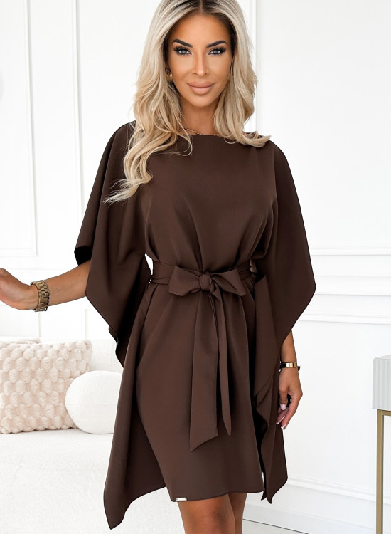 Широка рокля в кафяв цвят 287-33-Къси рокли-LadyStyle.bg